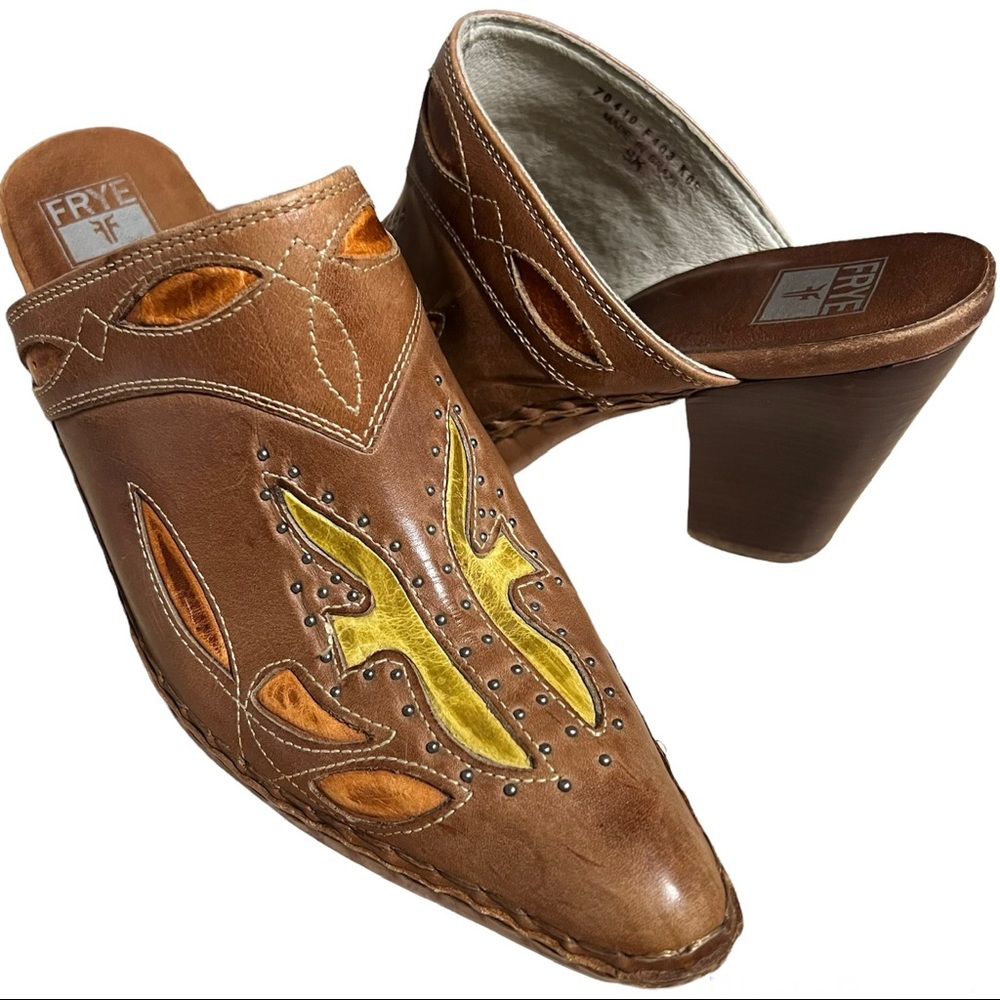 Frye leather slip on clogs mules heels studded Sz.9